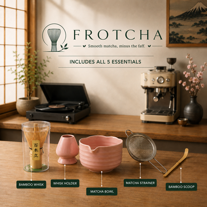 5 Piece Matcha Bowl, Bamboo Chasen Whisk, Strainer, Holder and Scoop - Pink/Green