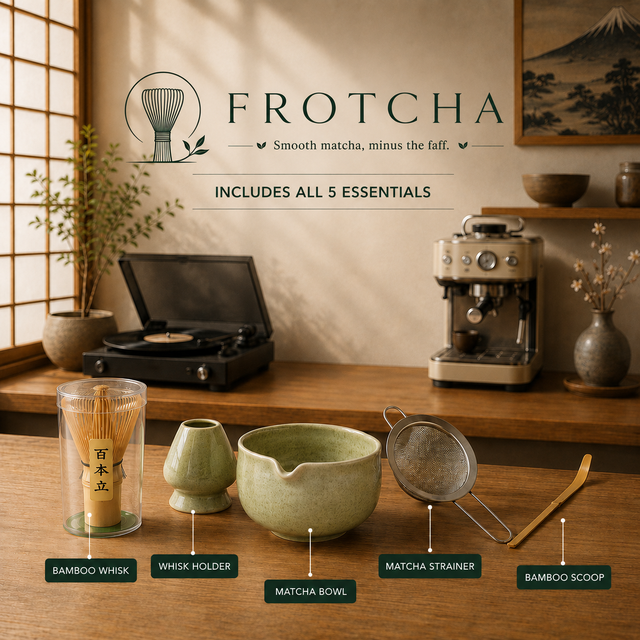 5 Piece Matcha Bowl, Bamboo Chasen Whisk, Strainer, Holder and Scoop - Pink/Green